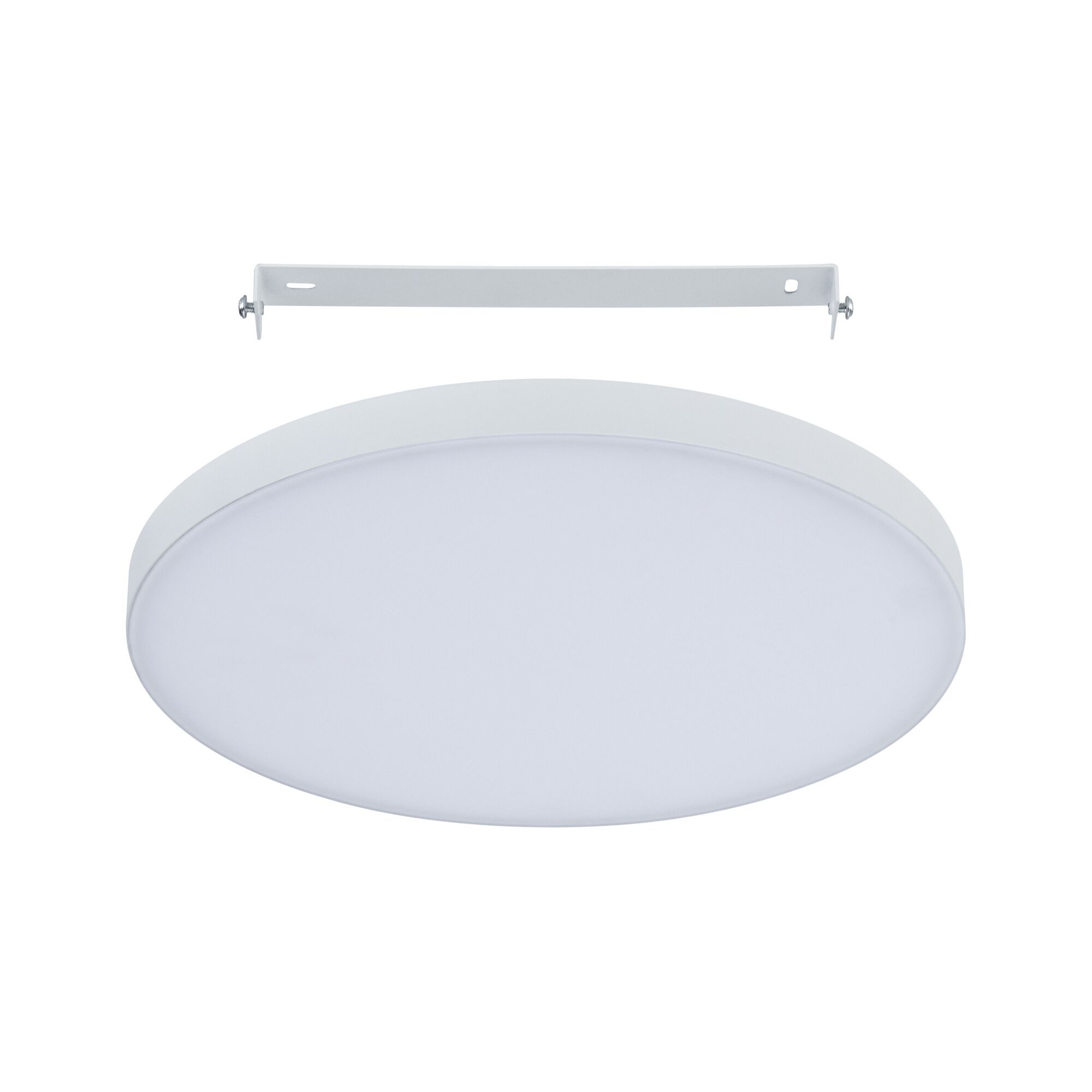 Round white LED ceiling light with metal bracket for modern indoor lighting