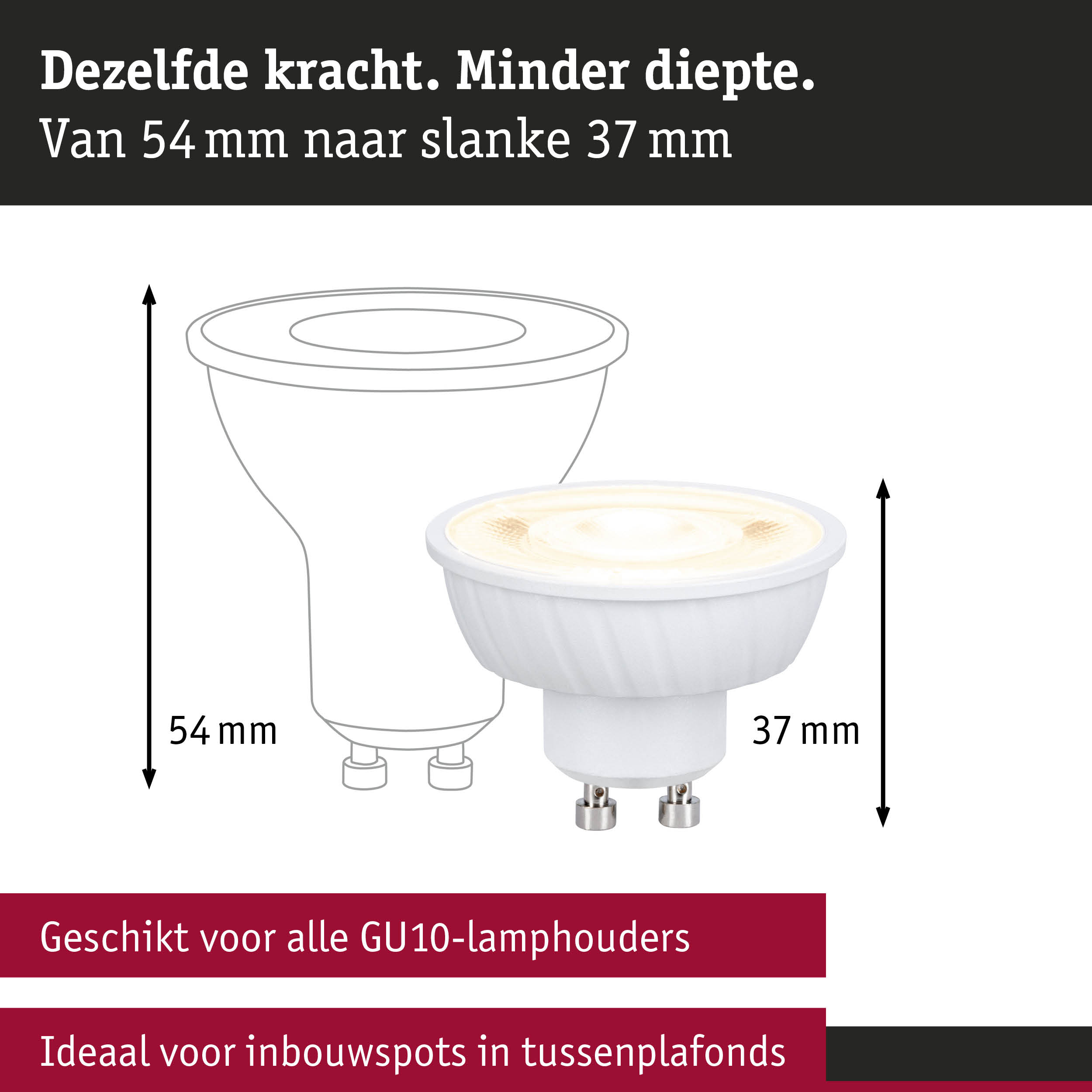 Vergelijking van twee GU10 LED-lampen van 54 mm en 37 mm hoogte voor inbouwspots in systeemplafonds