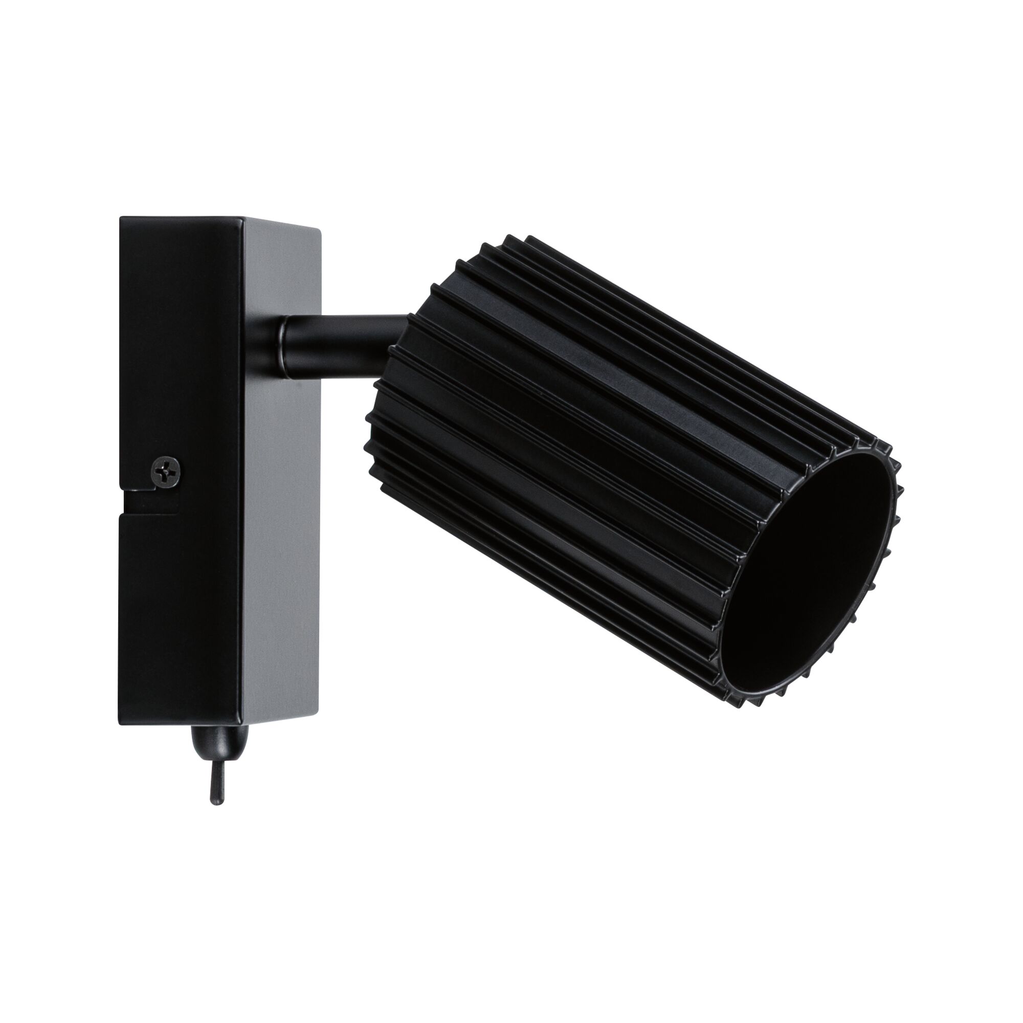 Black aluminium wall light with ribbed cylindrical shade and switch for modern indoor lighting