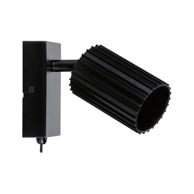 Black aluminium wall light with ribbed cylindrical shade and switch for modern indoor lighting