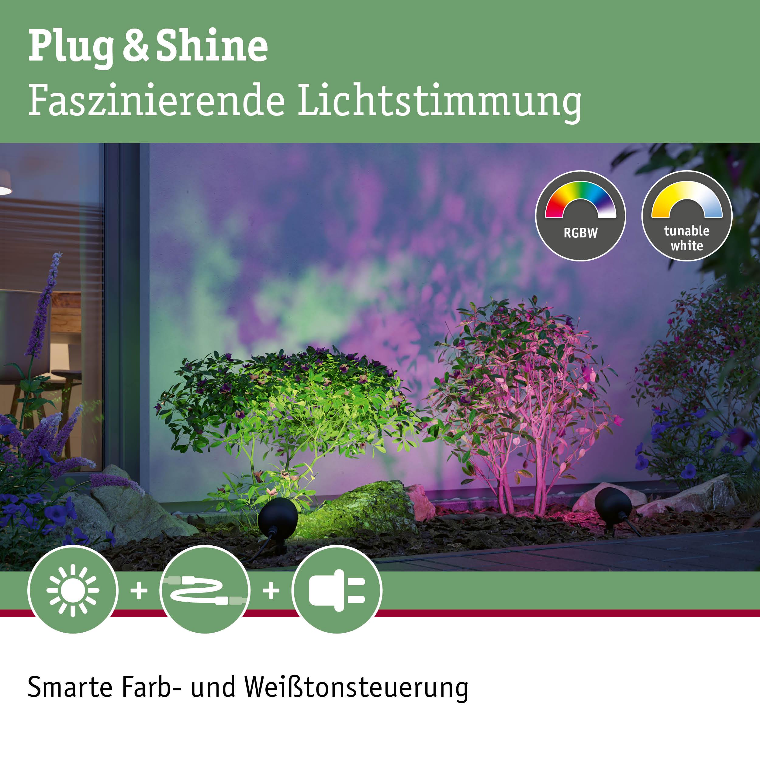 Außenbeleuchtung mit RGBW LED-Strahlern in Grün und Pink für smarte Farb- und Weißtonsteuerung