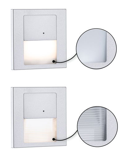 Zwei quadratische LED-Wandleuchten in Silber mit unterschiedlichen Diffusorstrukturen für Innenbeleuchtung.