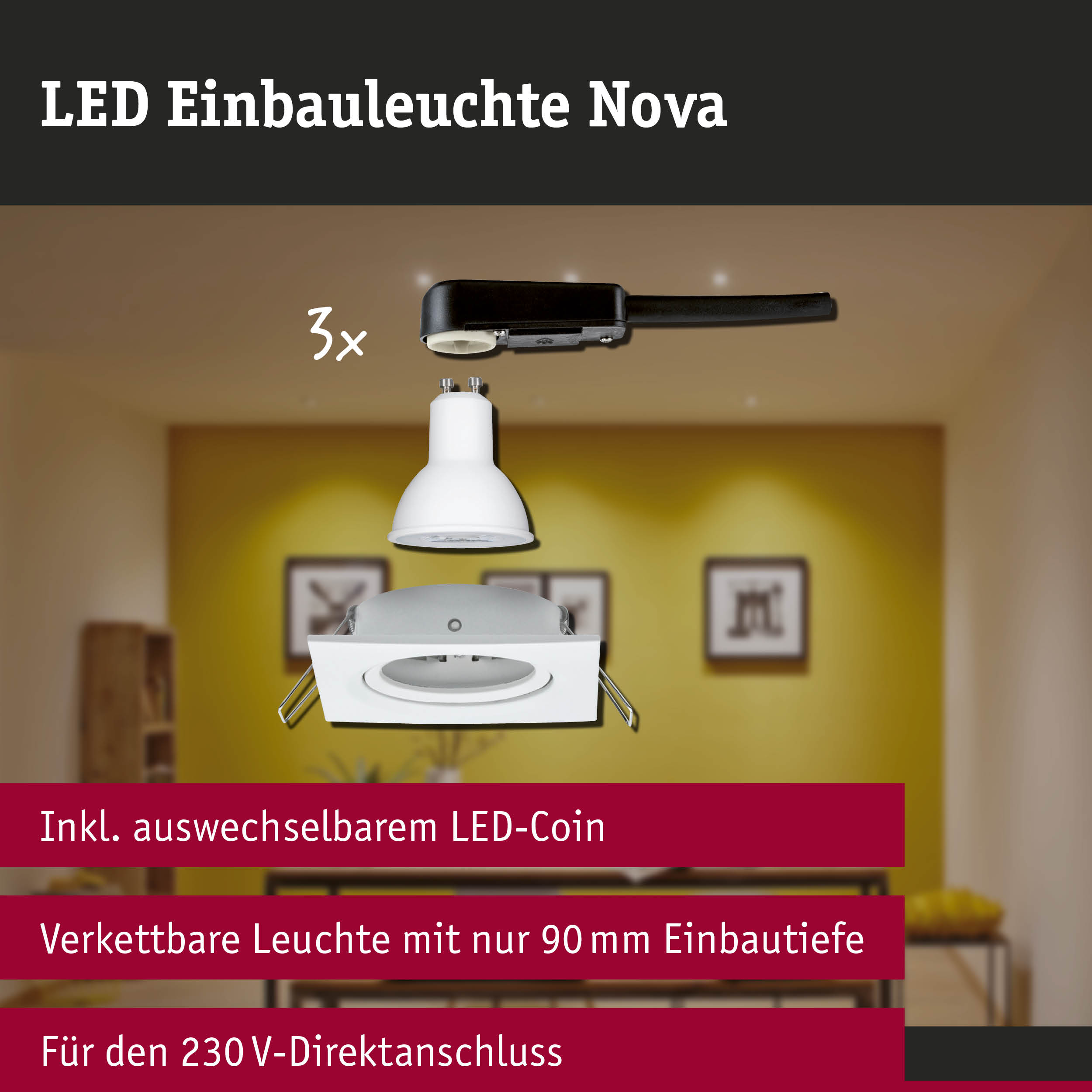 LED Einbauleuchte 3-Step-Dim Nova Basisset schwenkbar eckig 84x84mm 50° GU10 3x6,5W 3x460lm 230V dimmbar 2700K Weiß matt