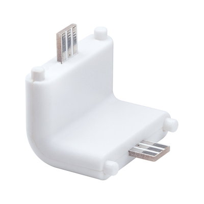 White plastic right-angle connector with metal contacts for LED track lighting systems