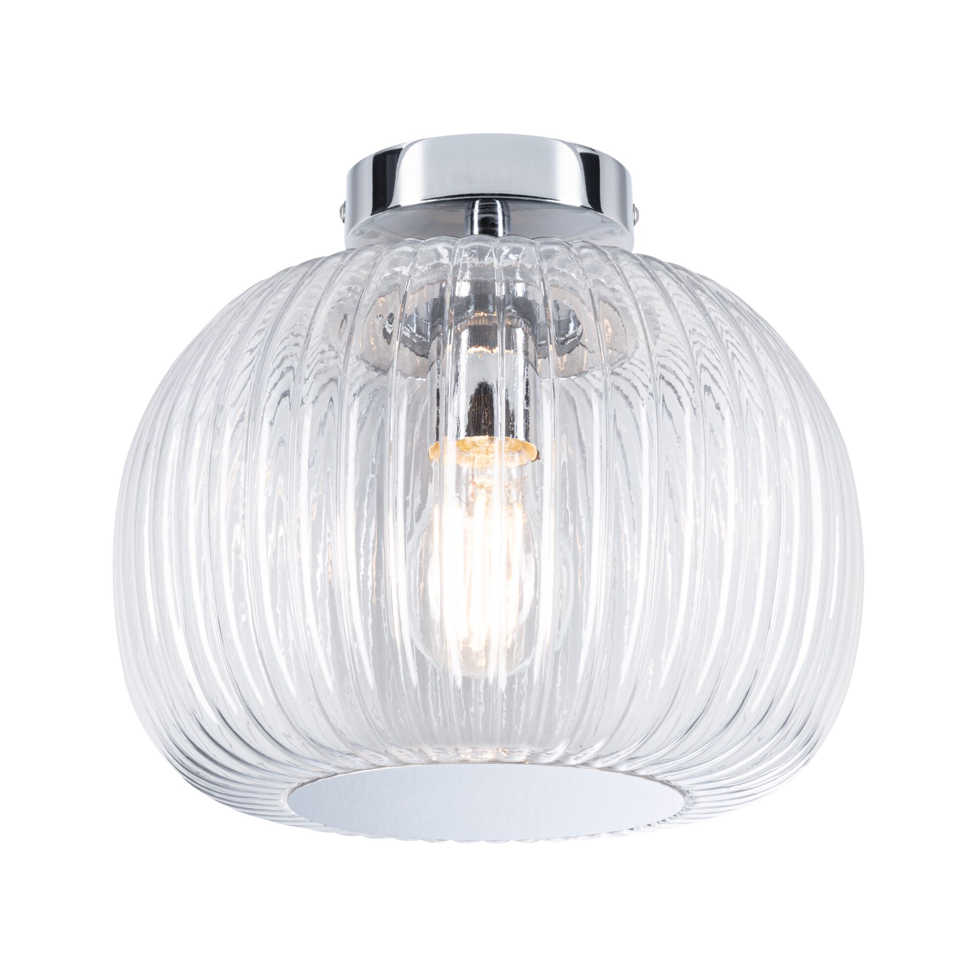Ceiling light with ribbed clear glass and chrome metal in modern design for indoor lighting
