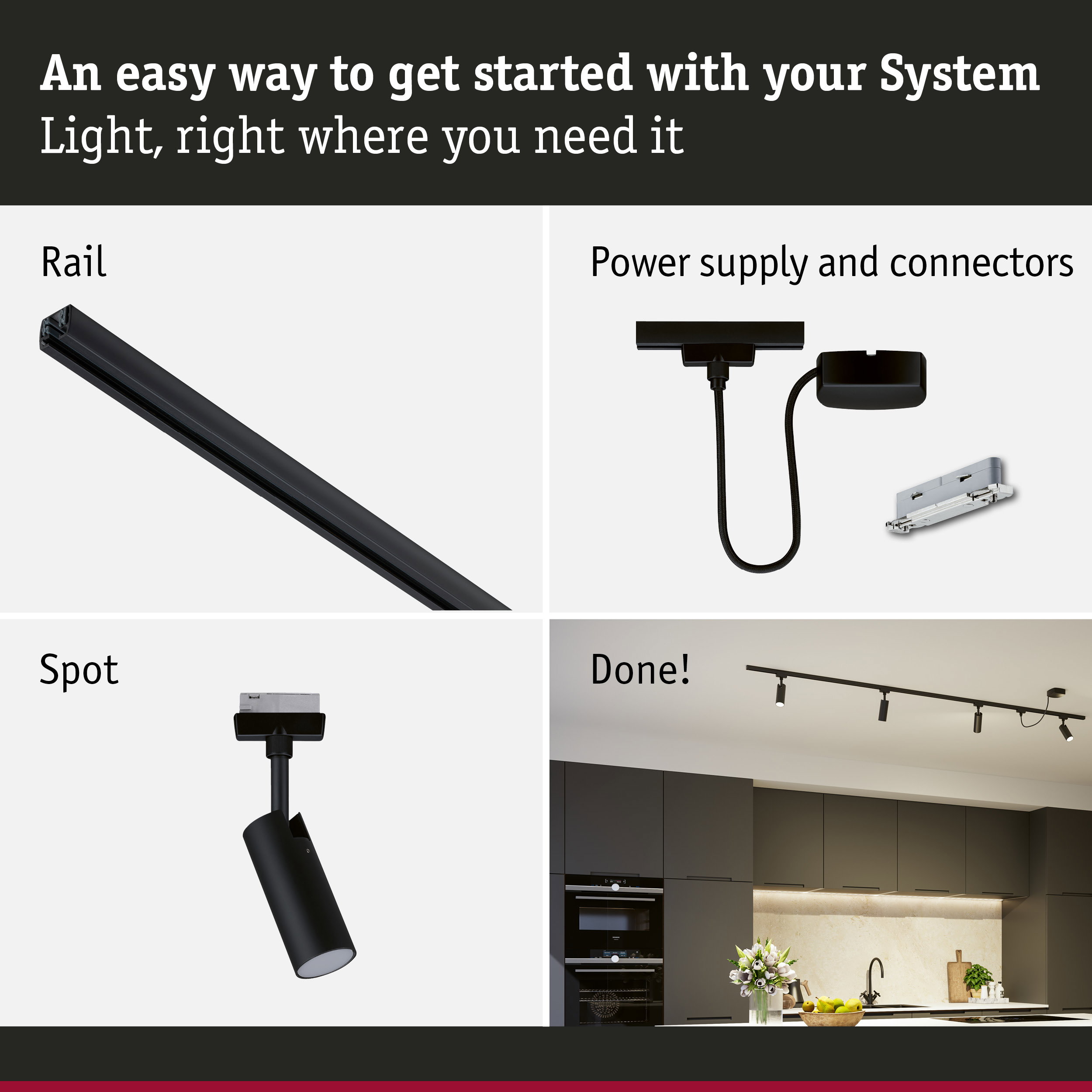 URail Rail spot Tubo Starter set 4x250lm 4x4,5W 3000K 230V Black matt