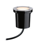 Ronde LED inbouwspot van zwart kunststof met roestvrijstalen rand en warm wit licht voor buiten