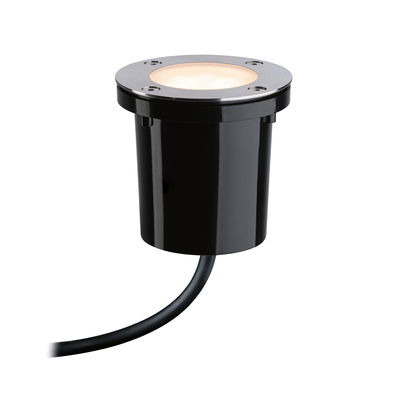 Ronde LED inbouwspot van zwart kunststof met roestvrijstalen rand en warm wit licht voor buiten