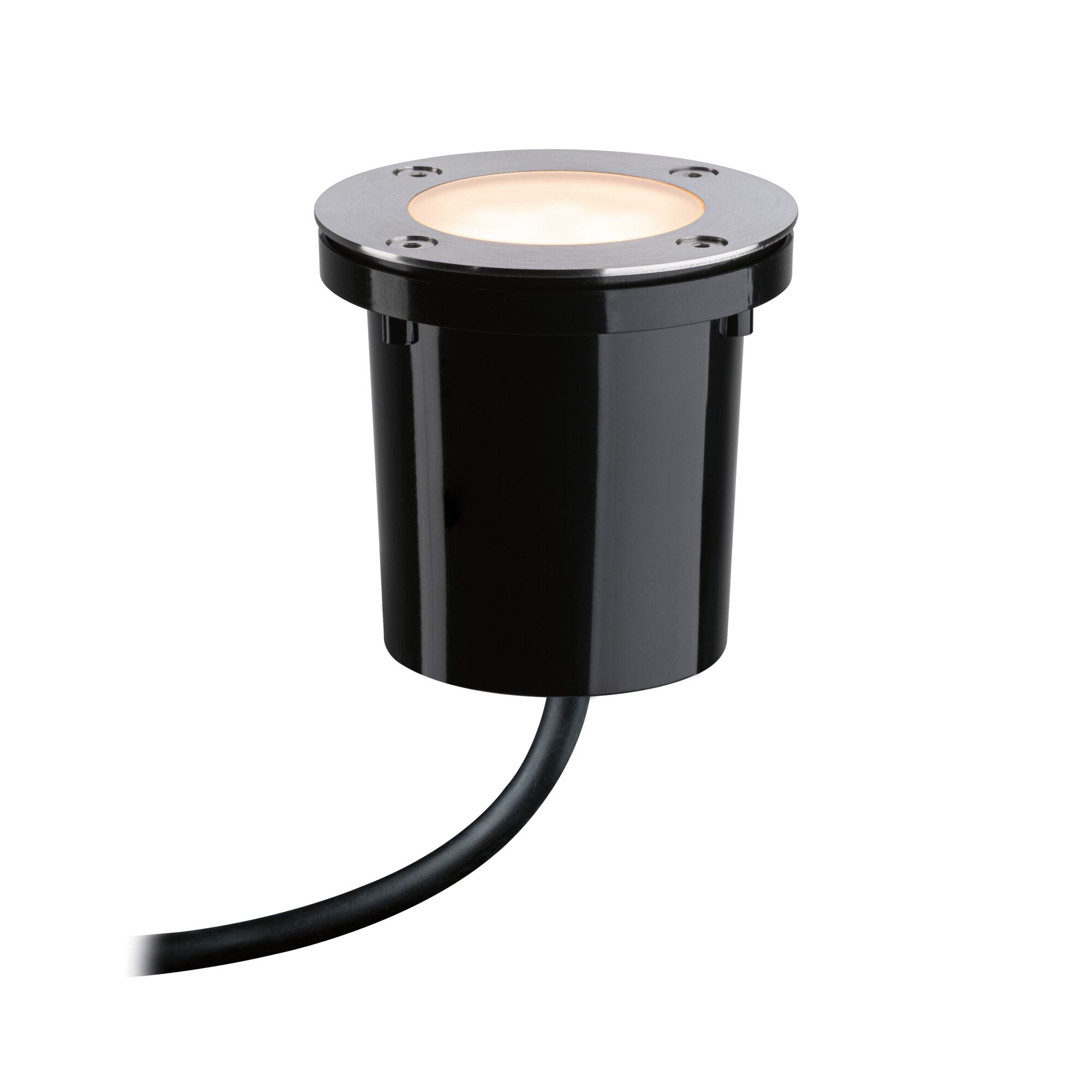 Round LED recessed light in black plastic with stainless steel rim and warm white light for outdoor use
