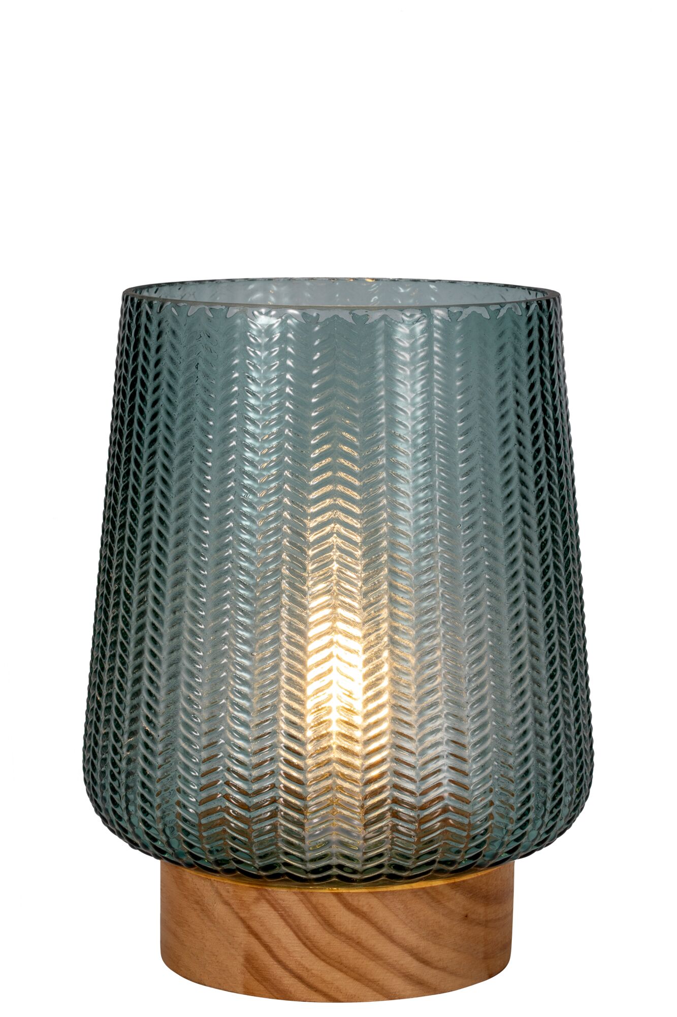 Table lamp with green textured glass and wooden base, decorative LED lighting for living spaces
