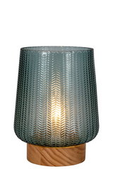 Table lamp with green textured glass and wooden base, decorative LED lighting for living spaces