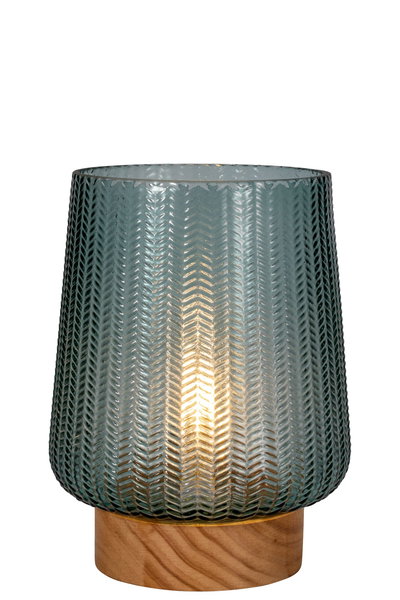 Tafellamp met groen gestructureerd glas en houten voet, decoratieve LED-verlichting voor woonruimtes