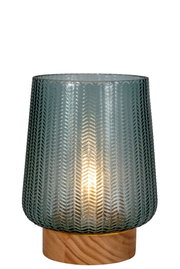 Table lamp with blue glass and wooden base, decorative lighting for ambient atmosphere