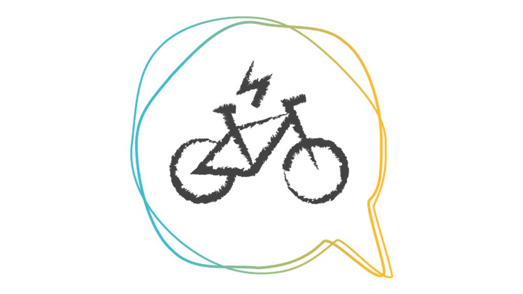Skizze eines E-Bikes in einer Sprechblase mit farbigem Rand symbolisiert nachhaltige Mobilität.