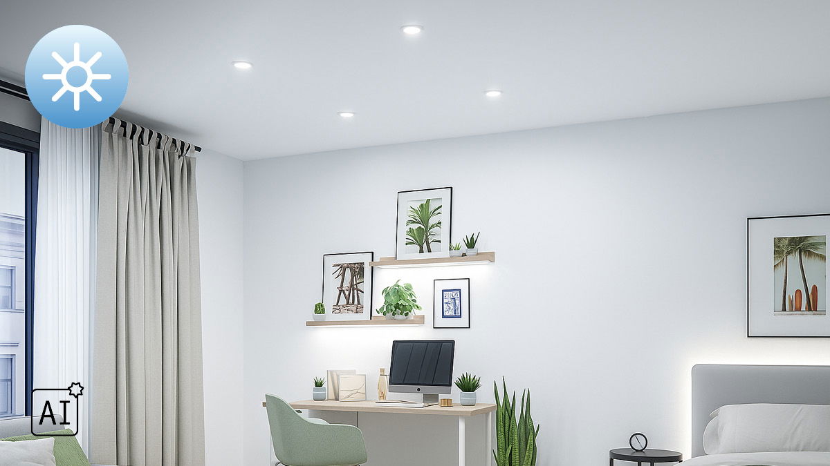 Moderne woonkamer met witte muren, LED-plafondlampen en stijlvolle bureaulamp voor sfeerverlichting thuis