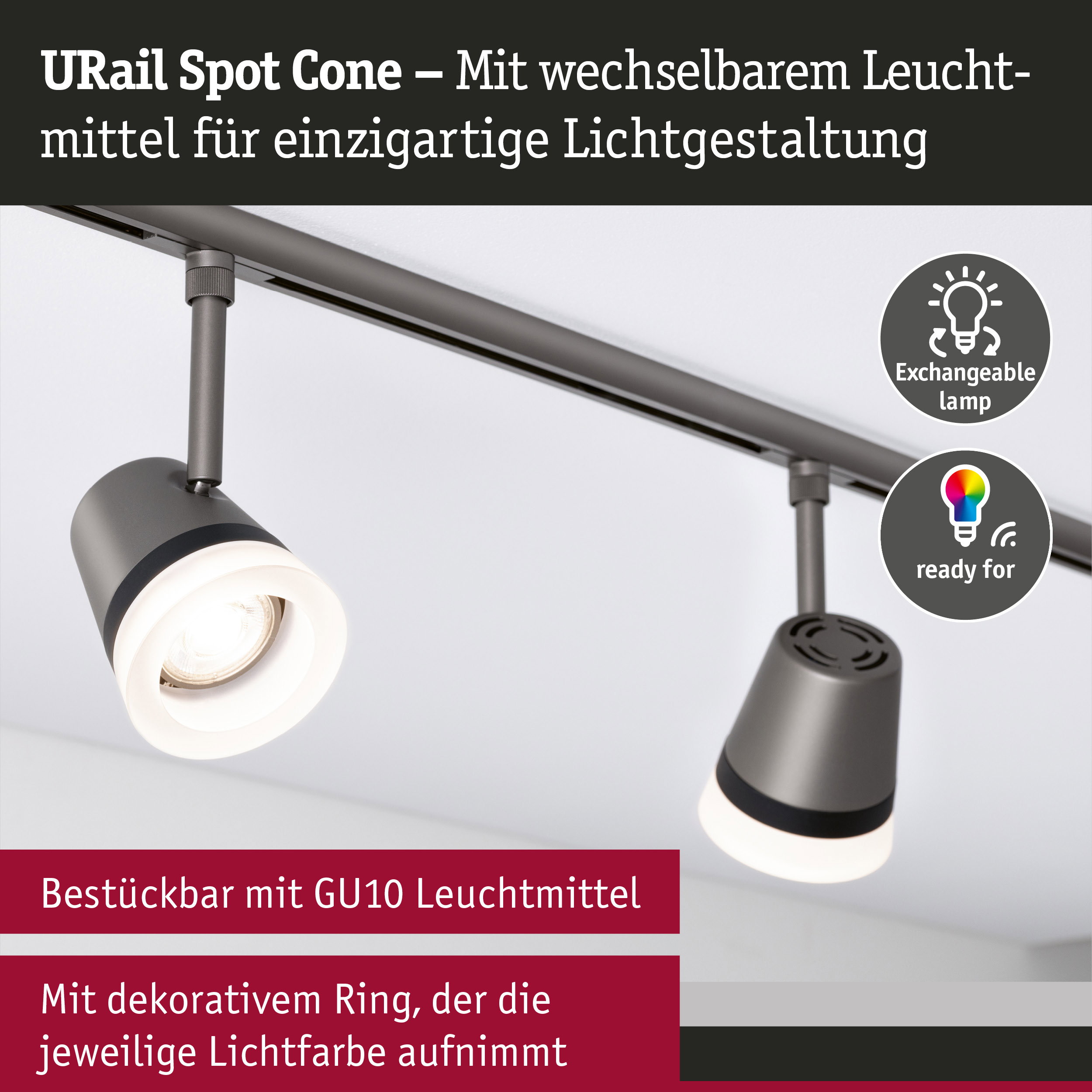 URail Schienenspot Cone GU10 max. 10W dimmbar 230V Titanium