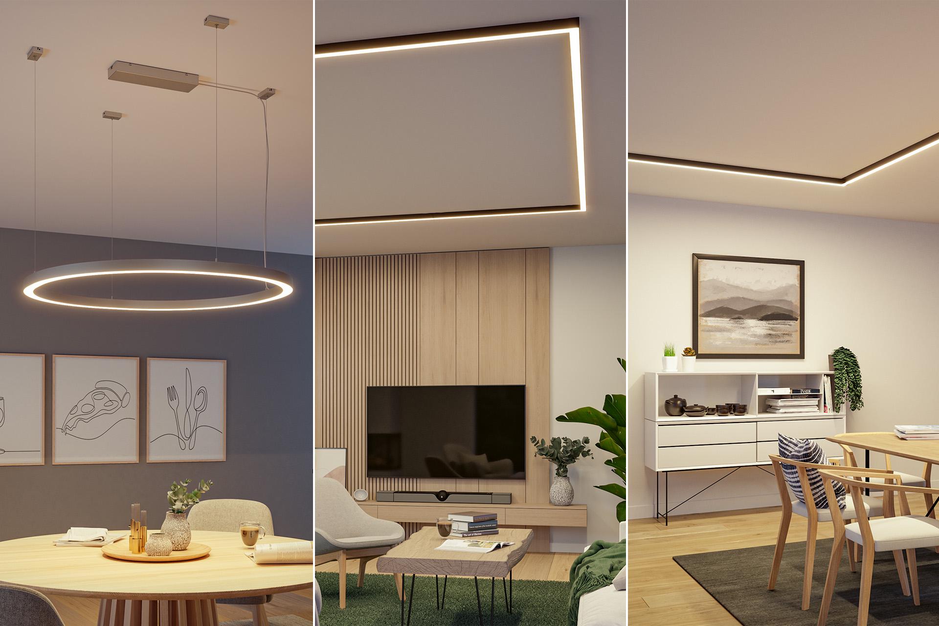 Drie moderne woonruimtes met minimalistisch houten meubilair en LED-plafondverlichting voor stijlvolle interieurs.