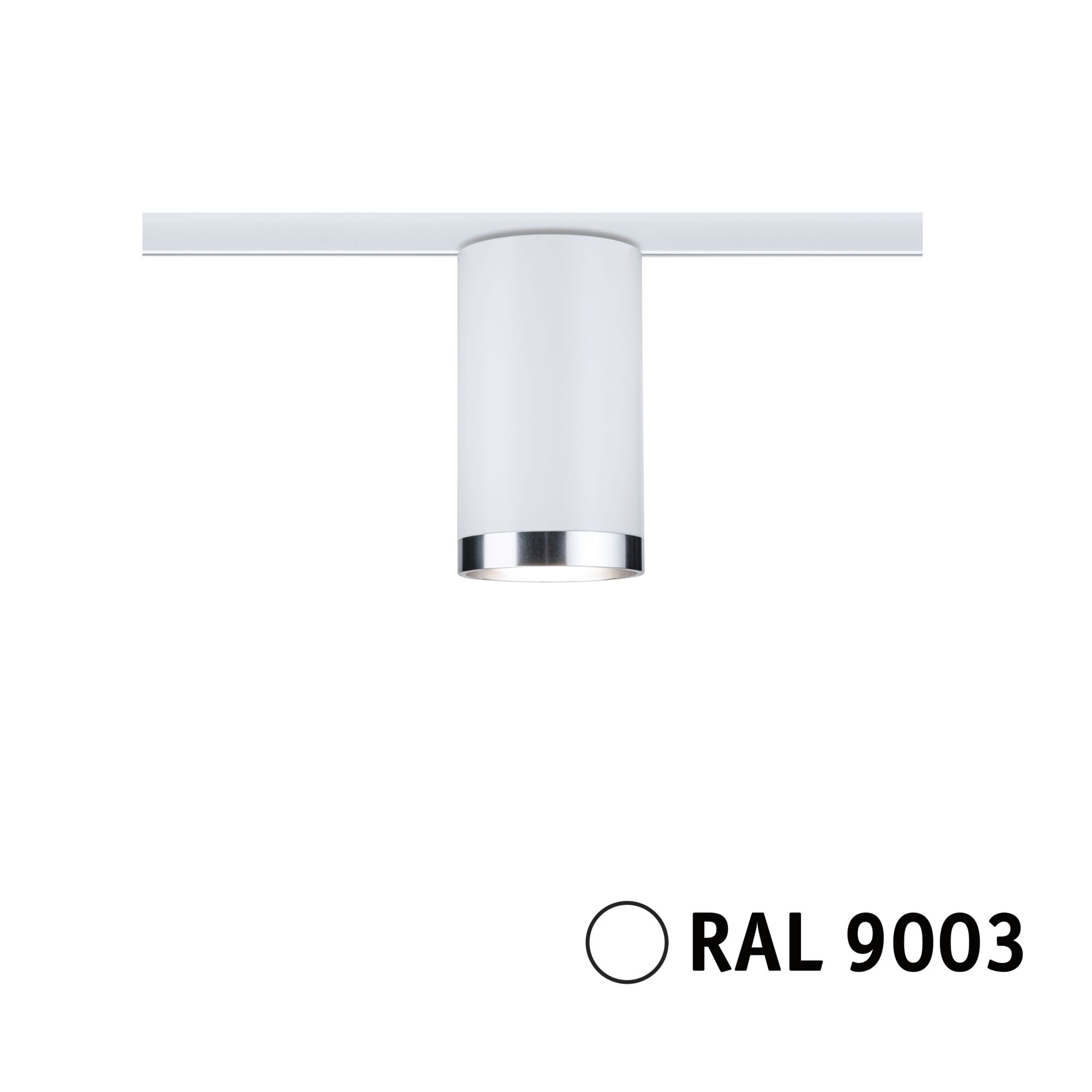 Modern white ceiling spotlight with metal trim in RAL 9003 for efficient indoor lighting