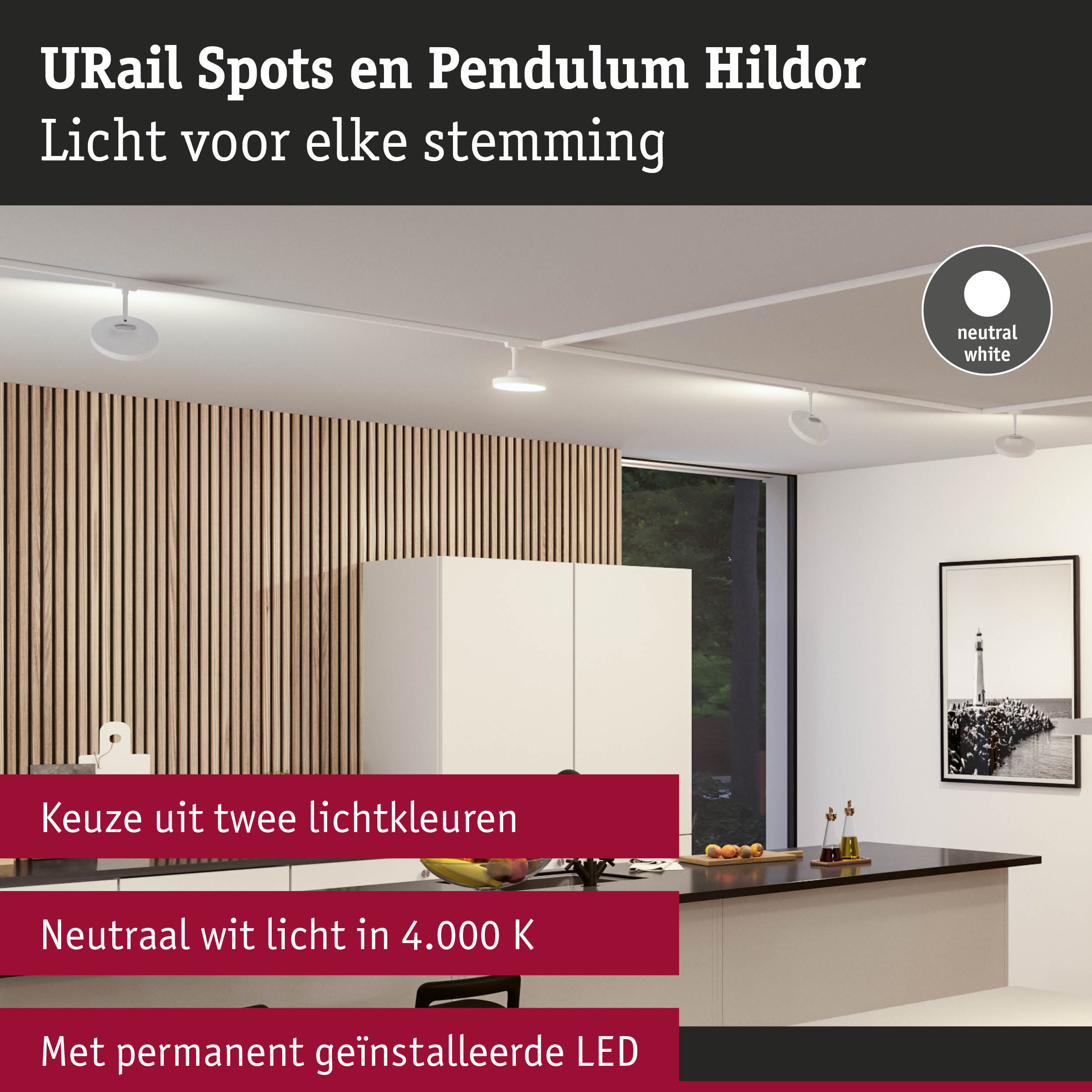 Witte URail Spots en Pendulum Hildor LED-plafondlampen in moderne keuken met houten panelen