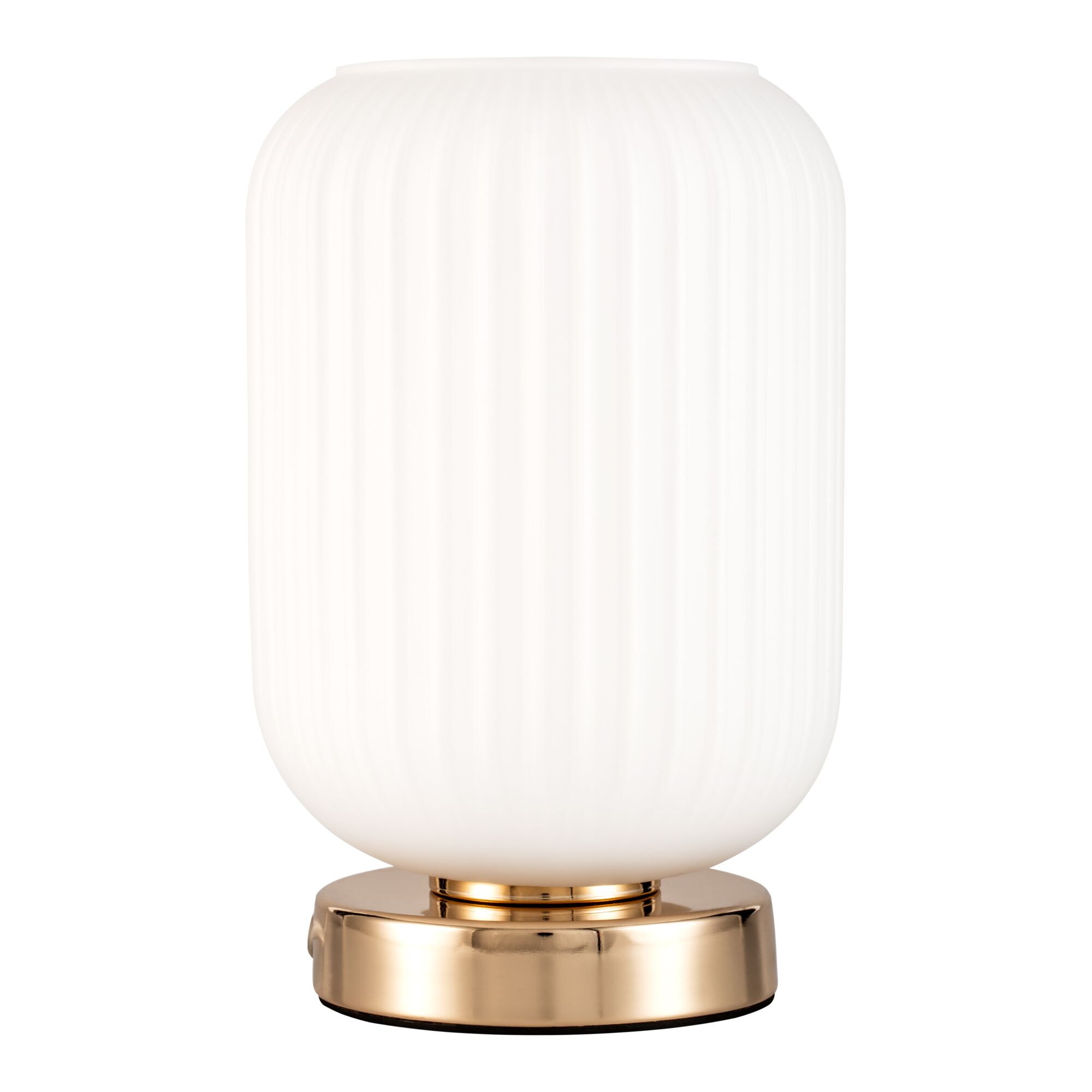 Moderne Tischlampe mit weißem geriffeltem Glas und goldfarbenem Metallfuß für stilvolle Beleuchtung