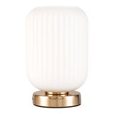 Modern table lamp with white ribbed glass and gold metal base for elegant lighting decor