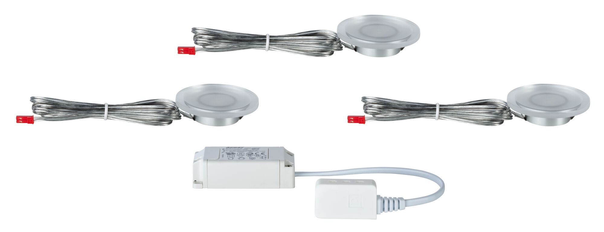 Three round silver LED recessed lights with cables and white control unit for lighting setup