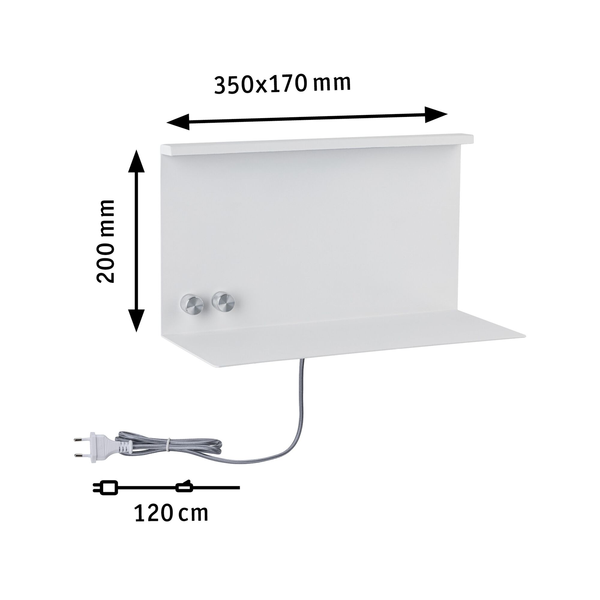 Weißes Metall-Wandregal mit 350x170 mm Ablagefläche und 120 cm Kabel für LED-Beleuchtung.