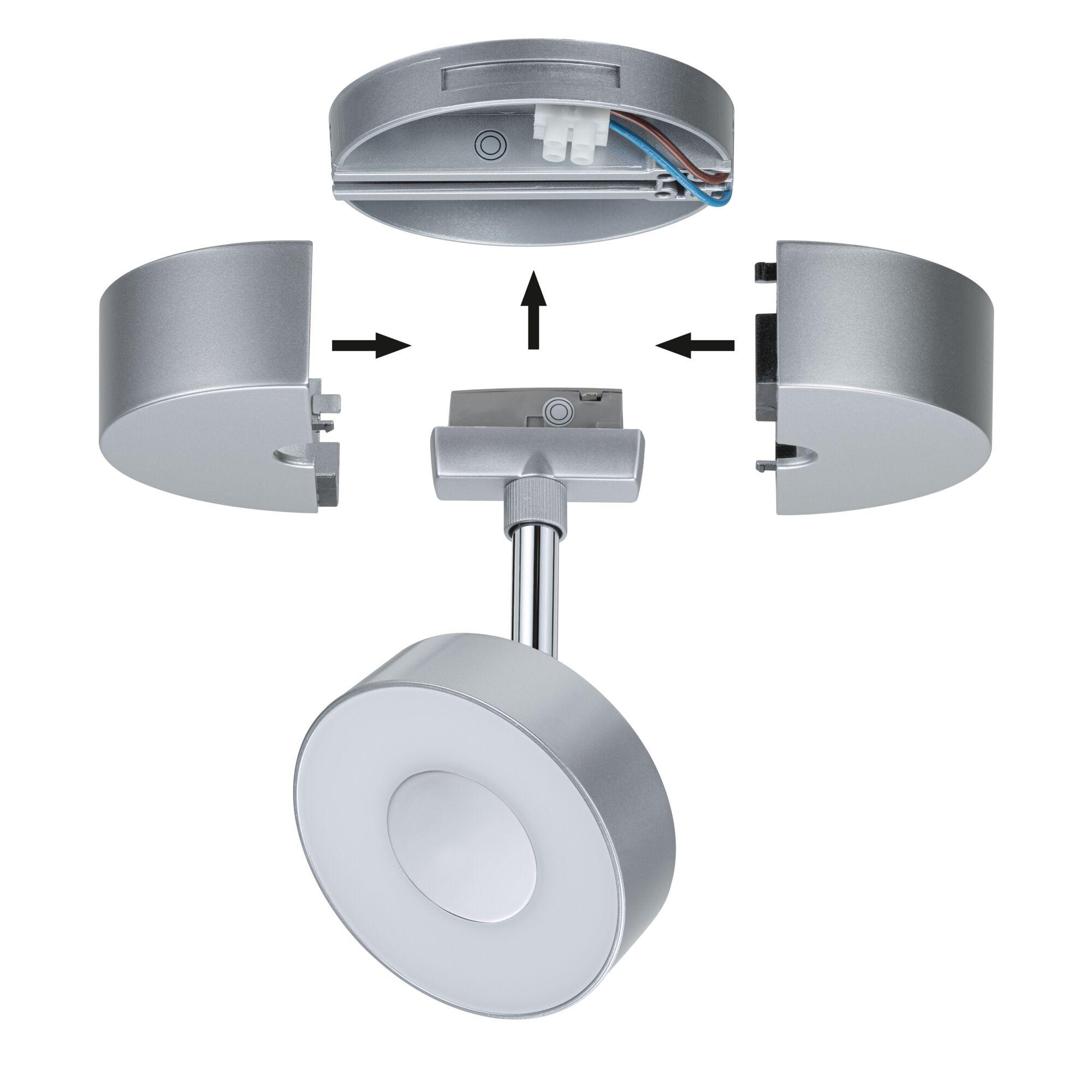 Silver round LED ceiling spotlight with metal housing and wiring, assembly guide with directional arrows