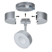 Silver round LED ceiling spotlight with metal housing and wiring, assembly guide with directional arrows
