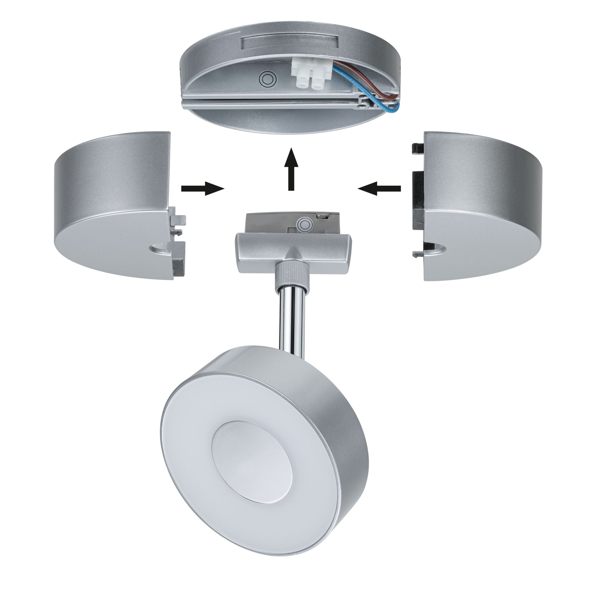 Silberner runder LED-Deckenstrahler mit Metallgehäuse und Anschlusskabeln, Montageanleitung mit Pfeilen