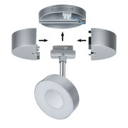 Silberner runder LED-Deckenstrahler mit Metallgehäuse und Anschlusskabeln, Montageanleitung mit Pfeilen