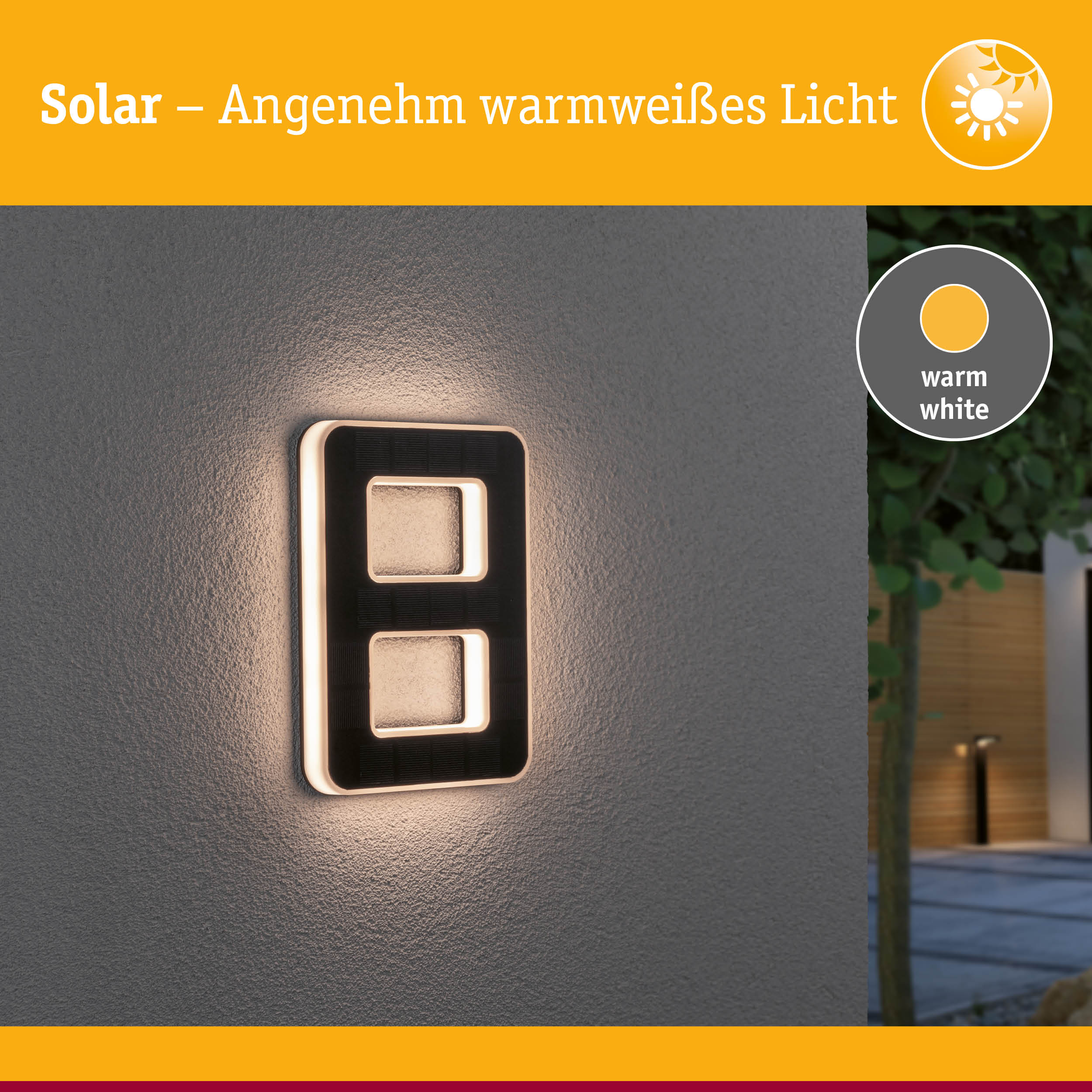 Solarleuchte mit warmweißem Licht an grauer Wand, modernes Design für Außenbeleuchtung