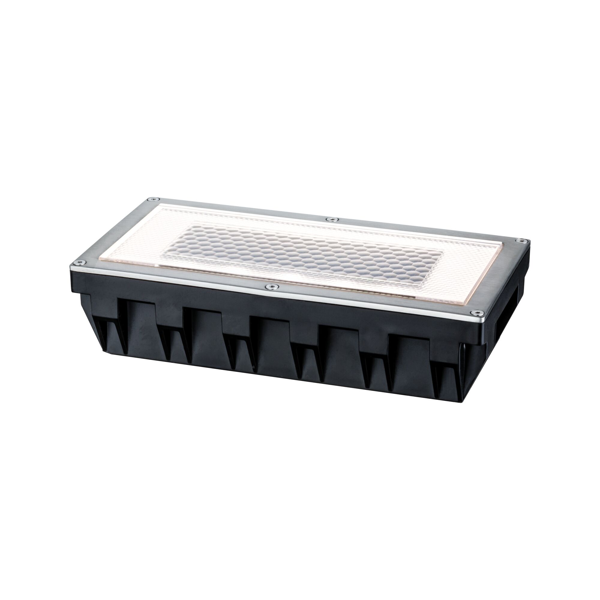 Solar LED Bodeneinbauleuchte B Ware Box IP67 2700K 7,5lm Edelstahl/Klar Rechteckiger LED-Bodeneinbaustrahler aus schwarzem Kunststoff mit Edelstahlrahmen und Wabenstruktur