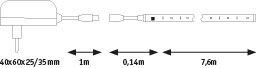 Technical drawing of cable with dimensions 1 m, 0.14 m, and 7.6 m for LED lighting