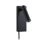 Black metal LED wall light with adjustable cylindrical head and fabric cable for modern lighting solutions