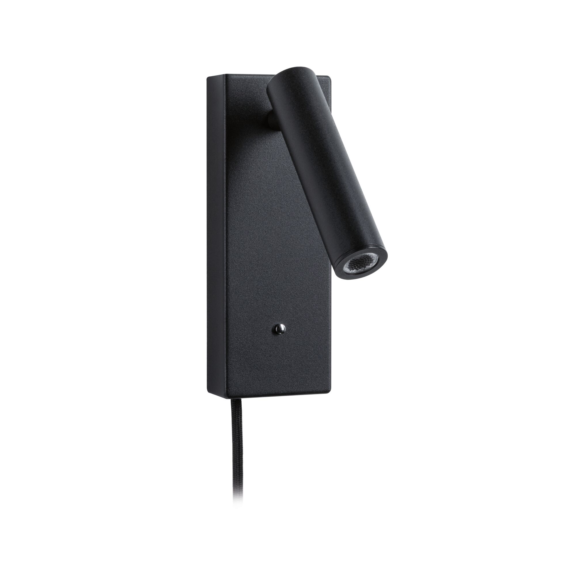 Zwarte metalen LED-wandlamp met verstelbare cilindervormige kop en stoffen kabel voor moderne verlichting