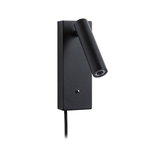 Zwarte metalen LED-wandlamp met verstelbare cilindervormige kop en stoffen kabel voor moderne verlichting