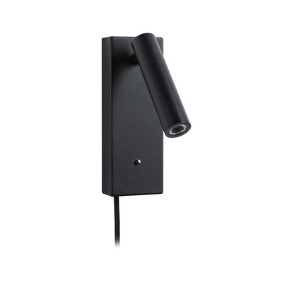 Zwarte metalen LED-wandlamp met verstelbare cilindervormige kop en stoffen kabel voor moderne verlichting