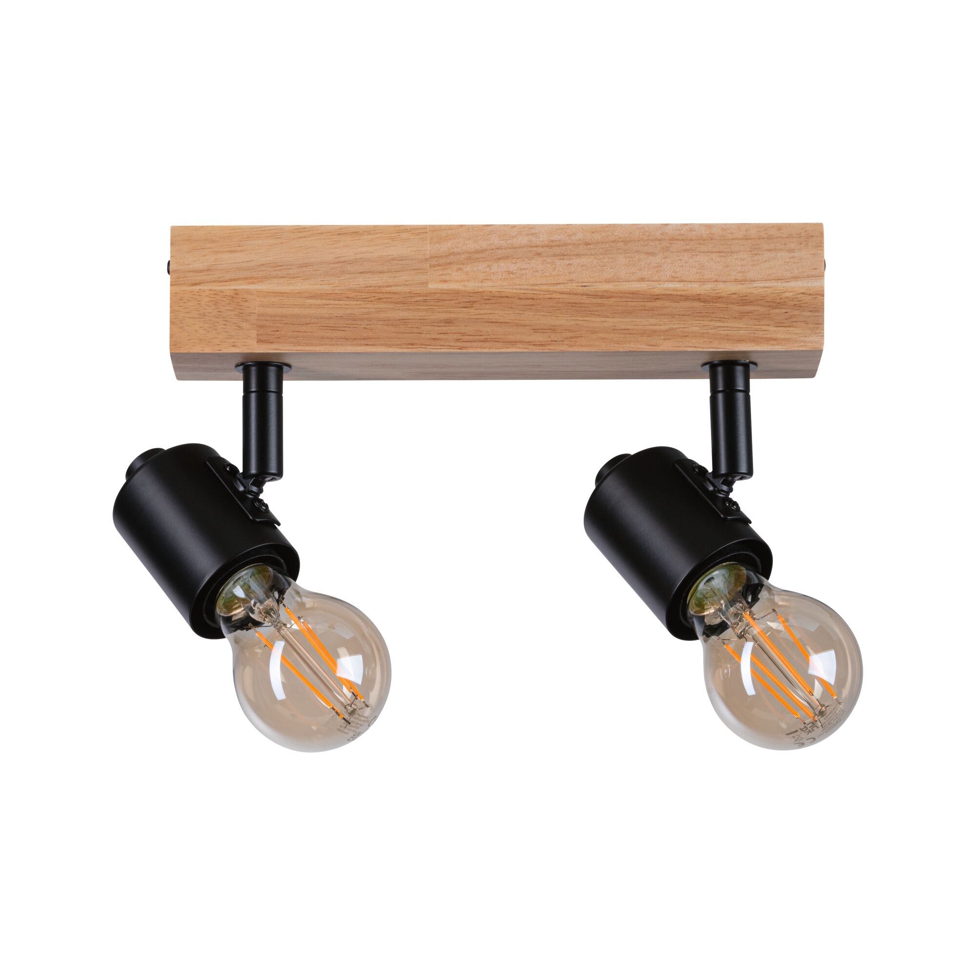Ceiling spotlight with wooden base and two black metal lamps, visible LED filament bulbs