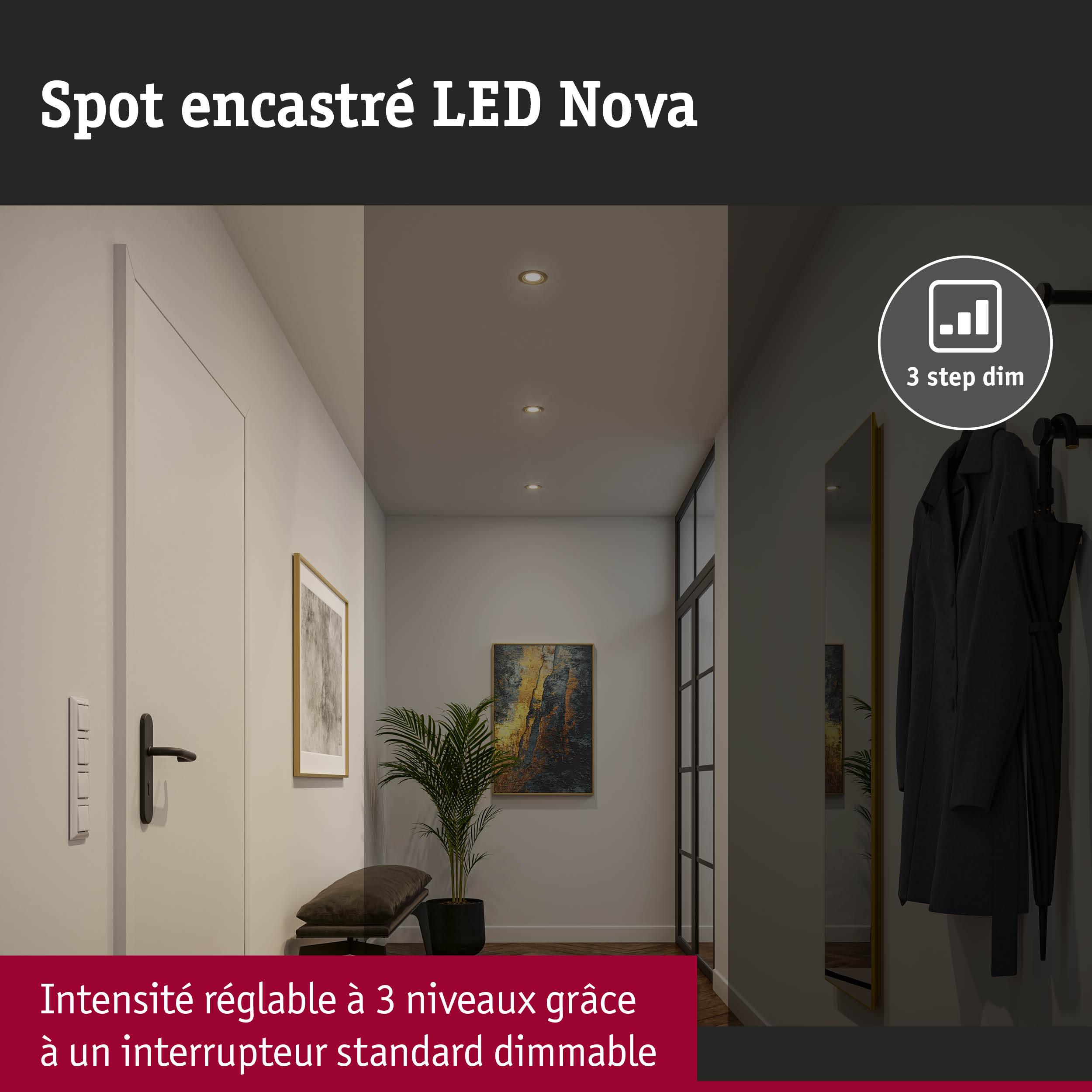 Spot encastré LED Nova blanc chaud avec intensité réglable en 3 niveaux pour couloir