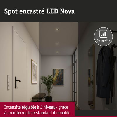 Spot encastré LED Nova blanc chaud avec intensité réglable en 3 niveaux pour couloir