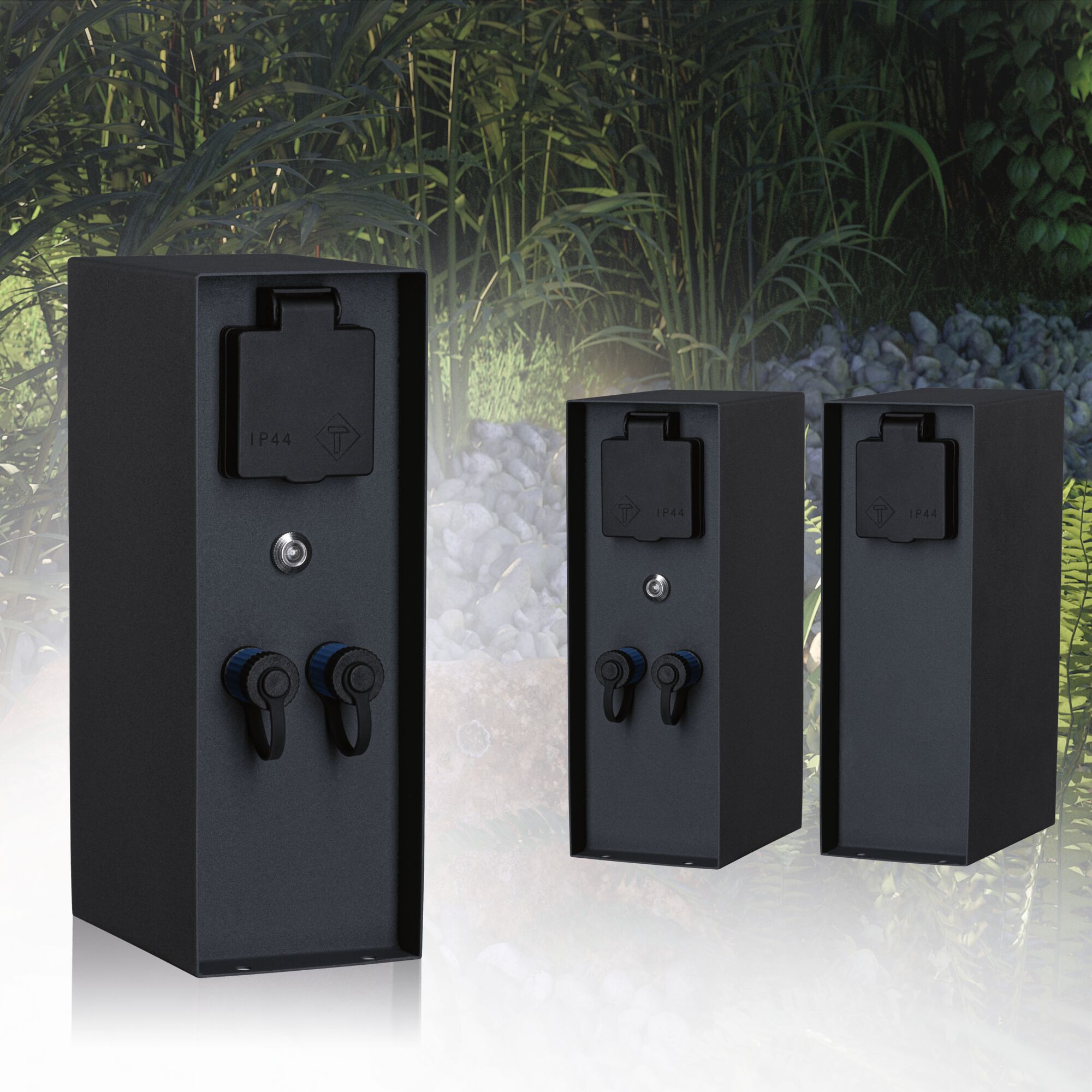 Three black outdoor metal sockets with IP44 protection for garden and terrace use.