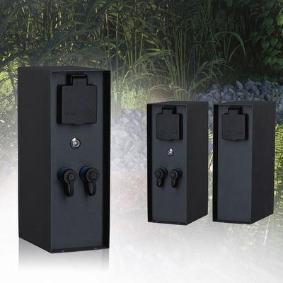 Three black outdoor metal sockets with IP44 protection for garden and terrace use.