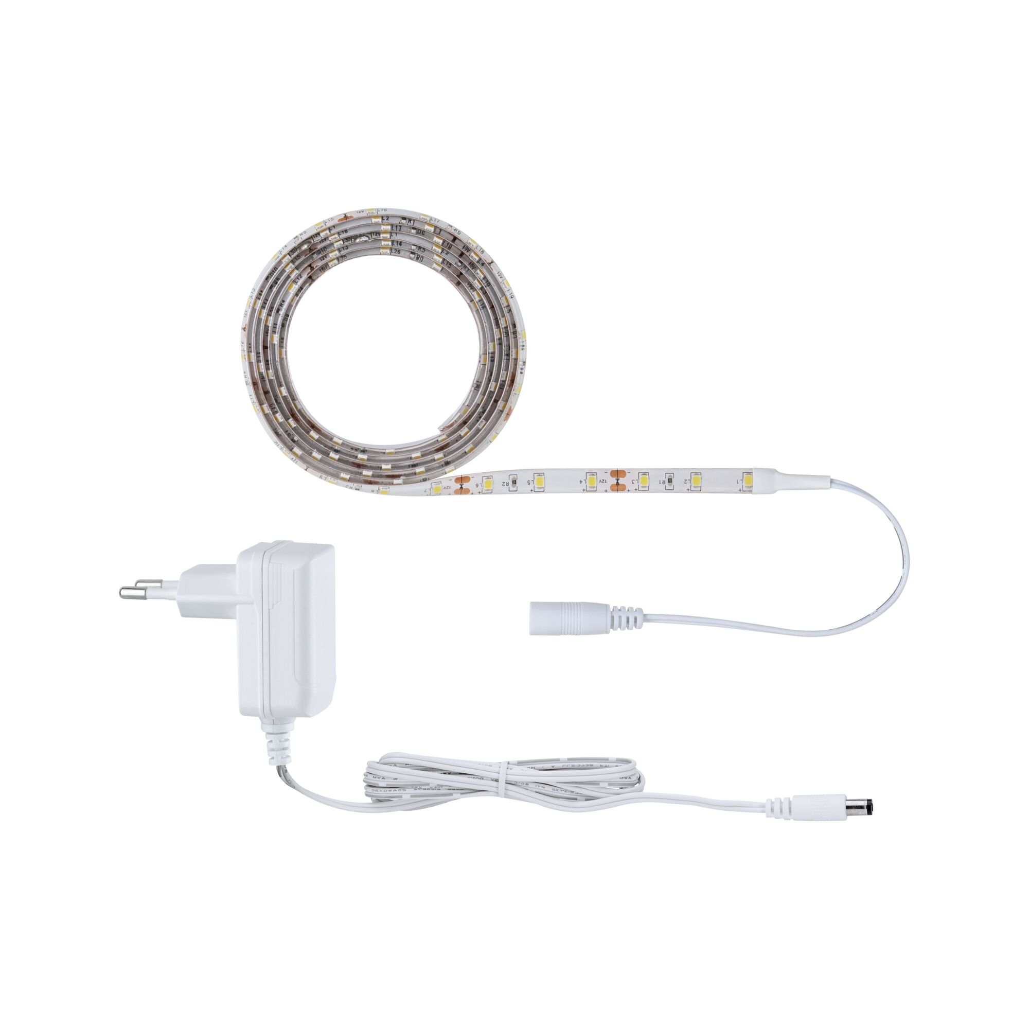 White LED strip light with power adapter and cable for flexible lighting setups