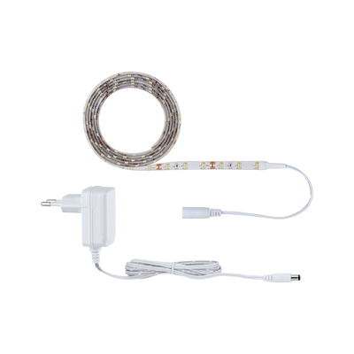 White LED strip light with power adapter and cable for flexible lighting setups