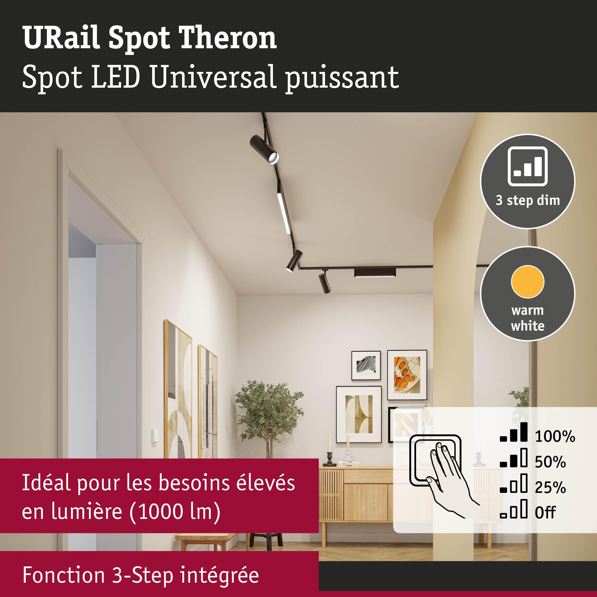 Spot LED URail Theron noir avec lumière blanc chaud et fonction de gradation 3 étapes dans un salon moderne