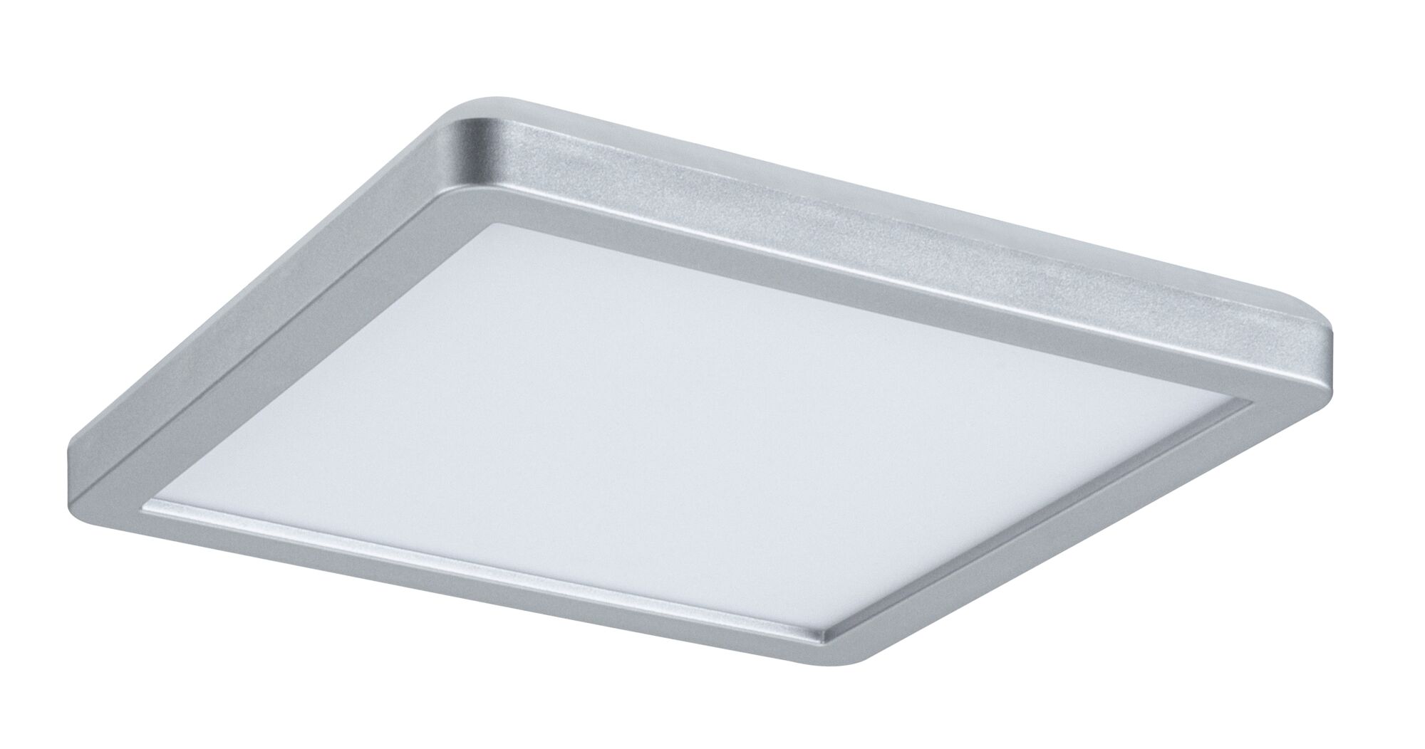 Quadratische Deckenleuchte aus silbernem Metall mit weißem Diffusor für moderne LED-Beleuchtung