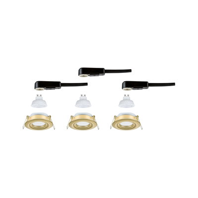Drei goldfarbene Einbaustrahler mit GU10 LED-Lampen und schwarzen Anschlusskabeln für Wohnraumbeleuchtung