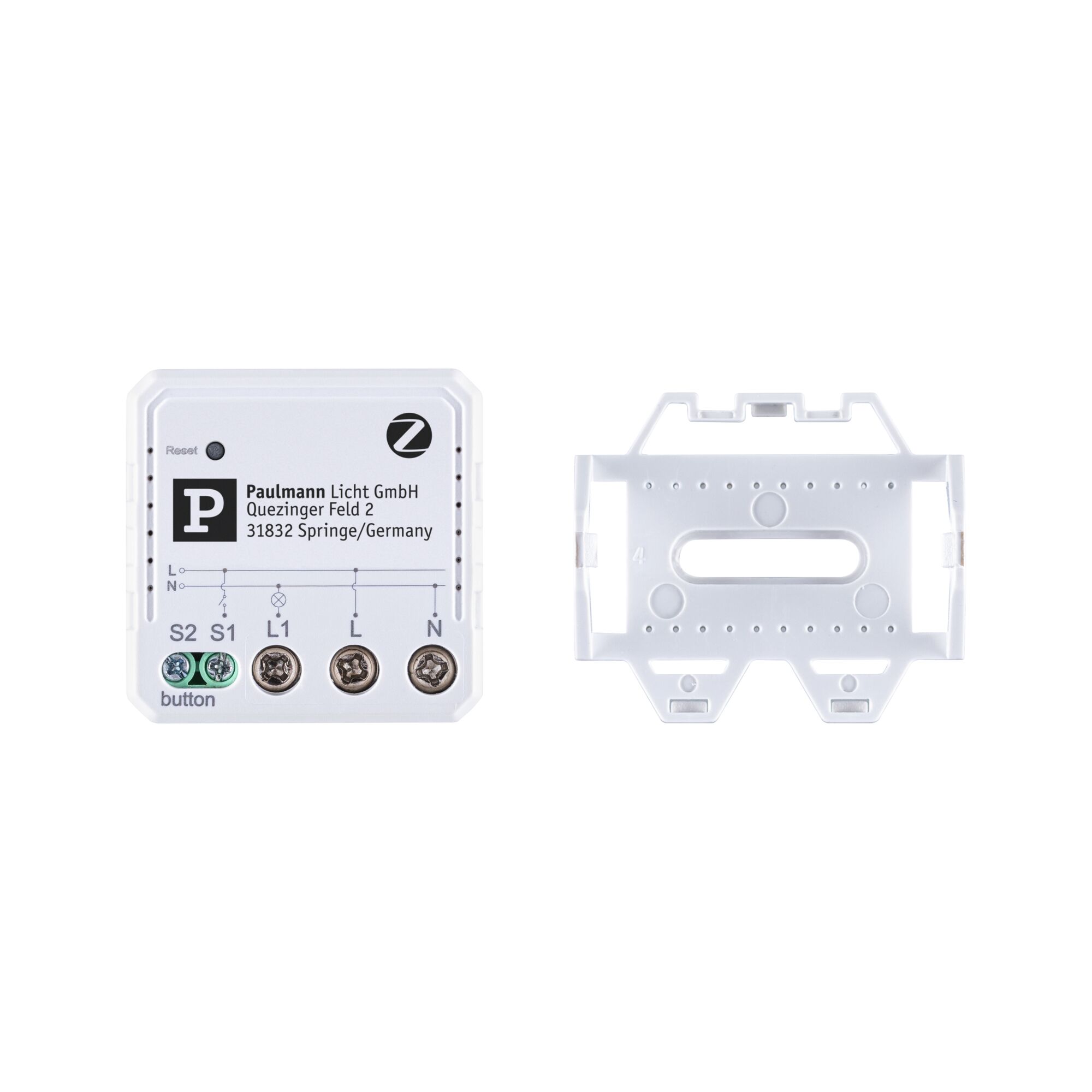 White Paulmann switch module with screw terminals and plastic mounting bracket for light control