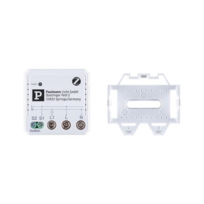White Paulmann switch module with screw terminals and plastic mounting bracket for light control